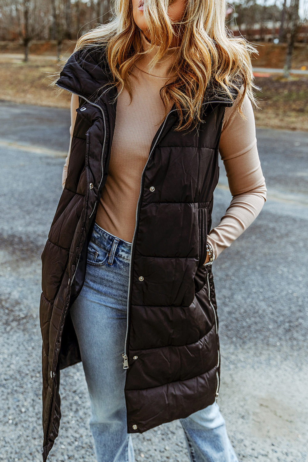 Dark Grey Hooded Long Quilted Vest Coat