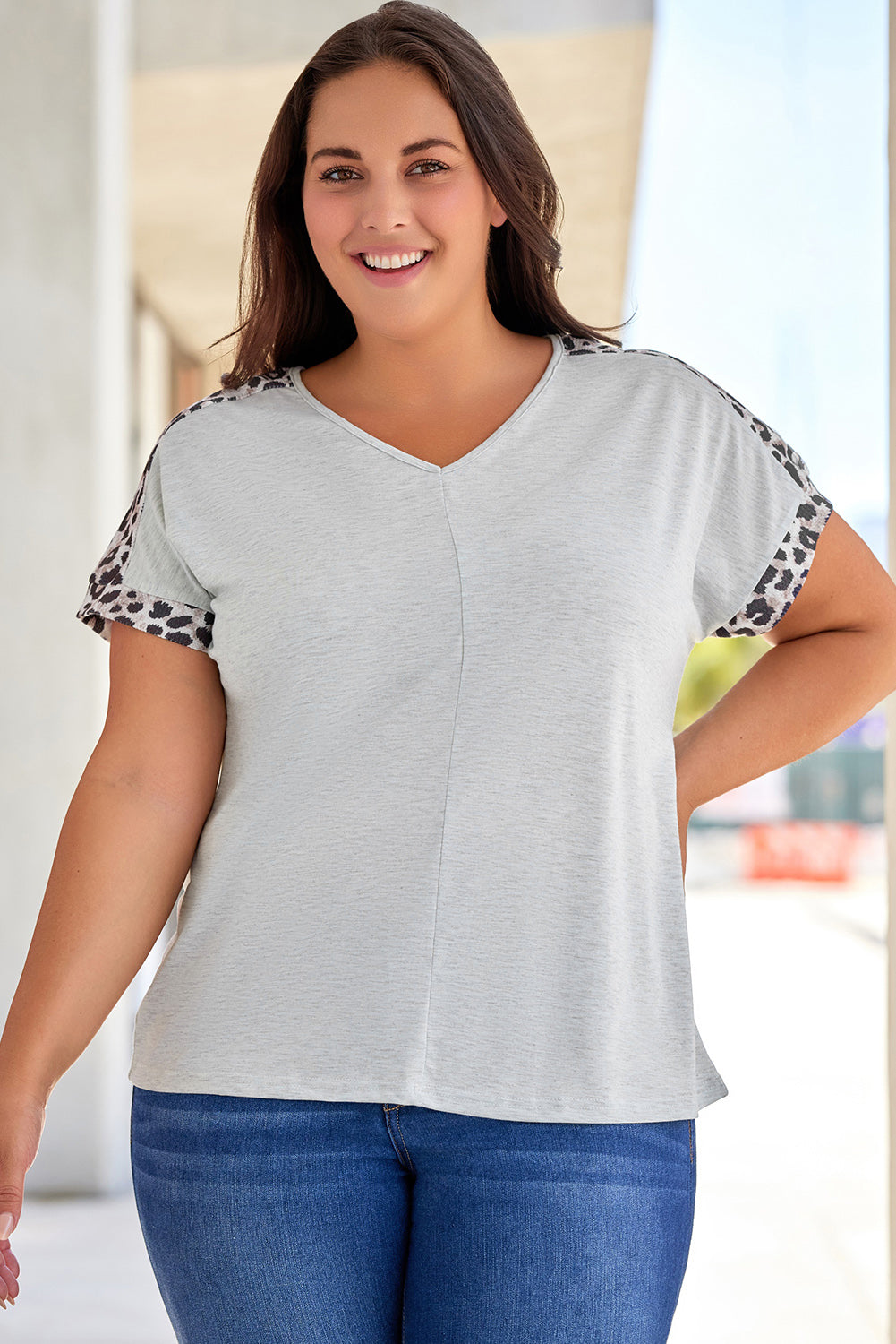 White Plus Leopard Splicing V Neck Short Sleeve Top