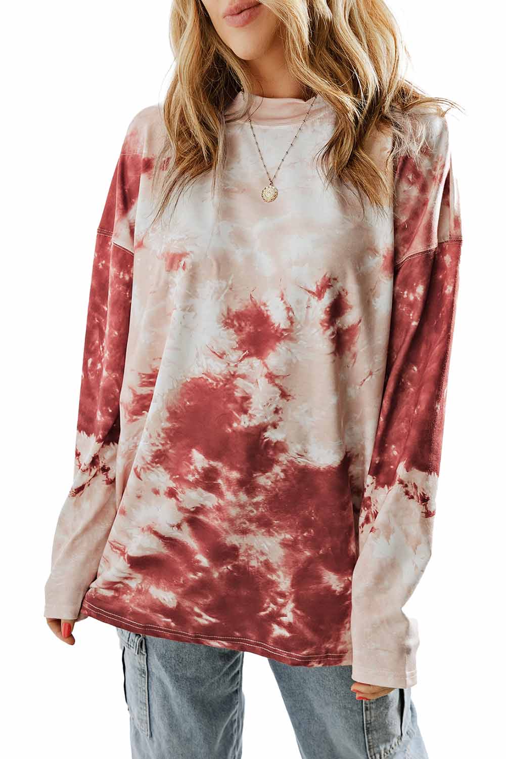 Red Tie Dye Crew Neck Long Sleeve Top