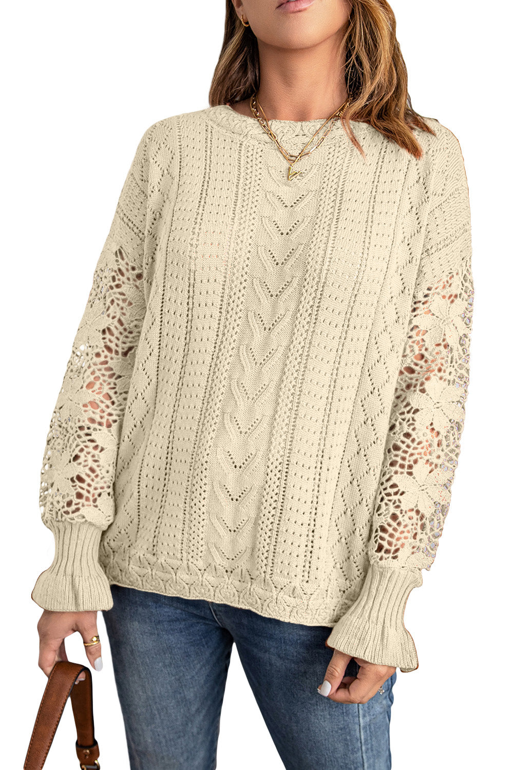 Blue Crochet Lace Pointelle Knit Sweater