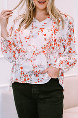 White Split V Neck Floral Plus Size Blouse with Ruffles