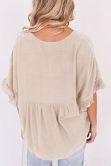 Apricot Ruffled Lace Detail Loose V Neck Top