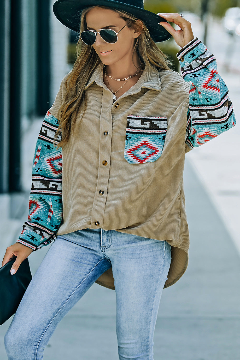 Gray  Aztec Pattern Sleeve Pocketed Corduroy Shacket