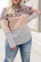 Stripe Leopard Colorblock Striped Long Sleeve Plus Size Top