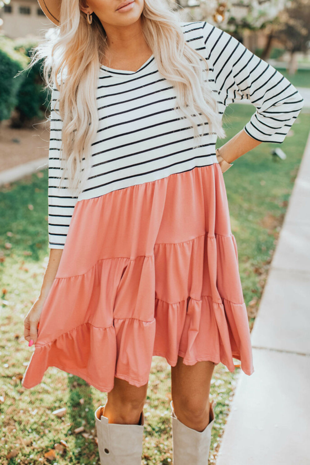 Striped Patchwork Tiered Ruffle T Shirt Dress