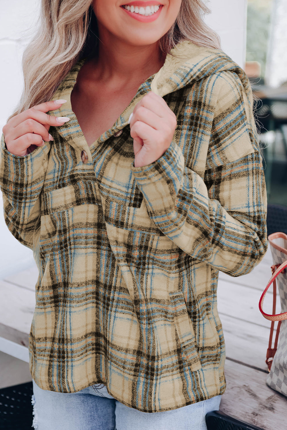 White Plaid Button Neck Pocketed Pullover Hoodie