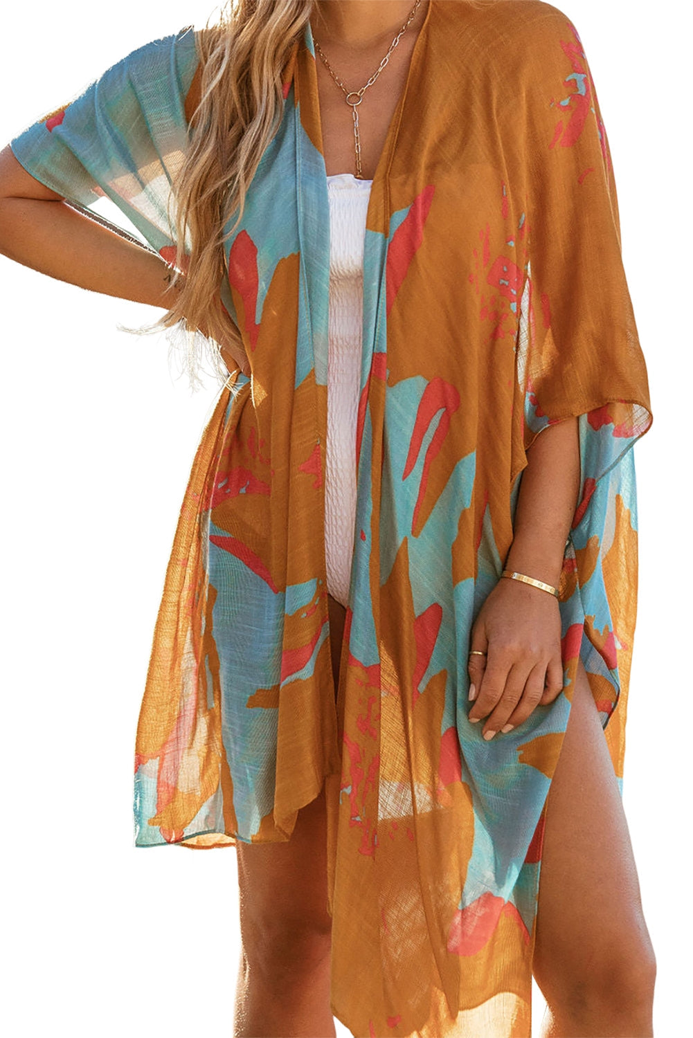 Brown Abstract Print Open Front Kimono with Slits