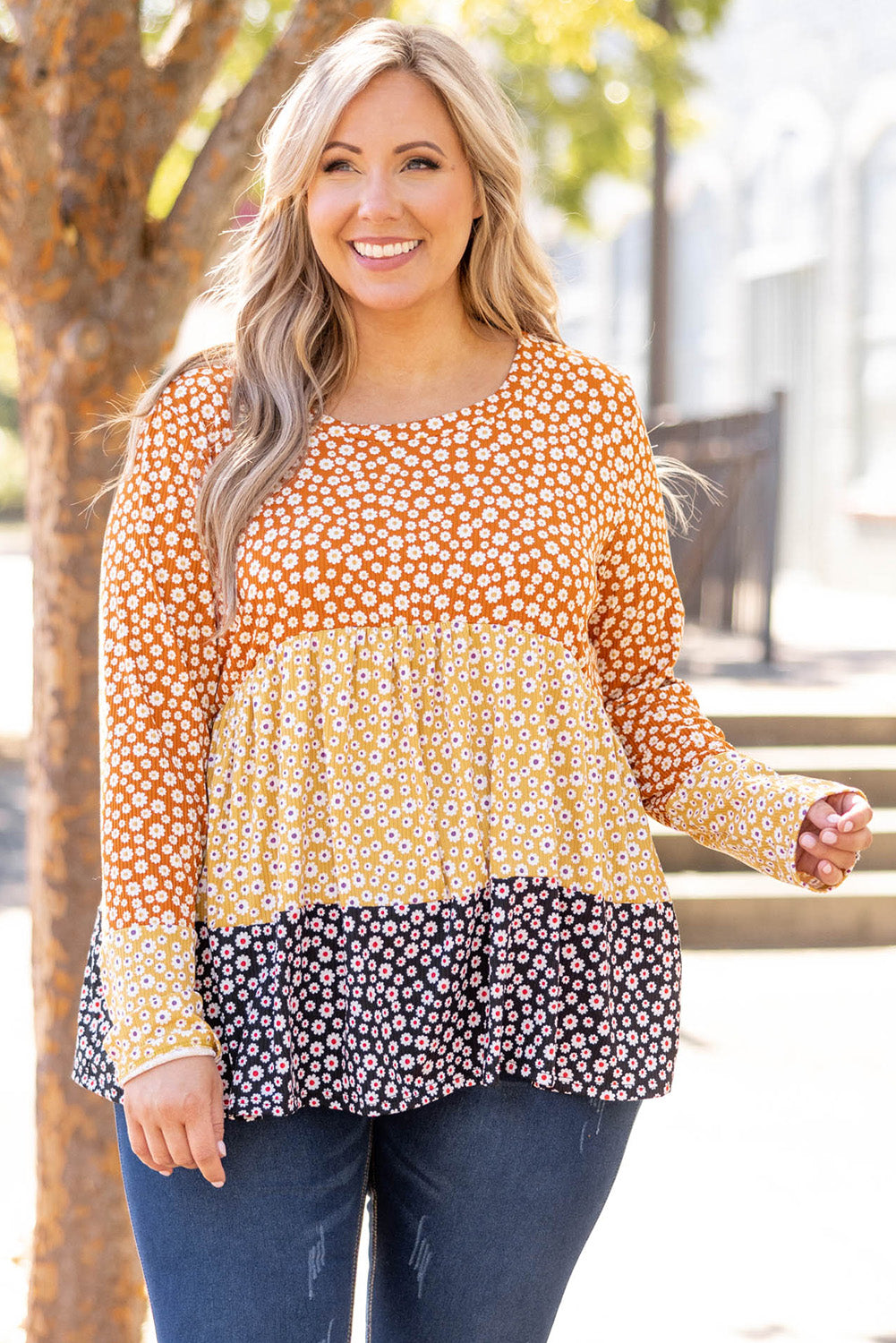 Orange Plus Size Colorblock Blooming Daisy Long Sleeve Flowy Top