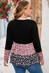 Black Floral Pattern Color Block Plus Size Pullover Top