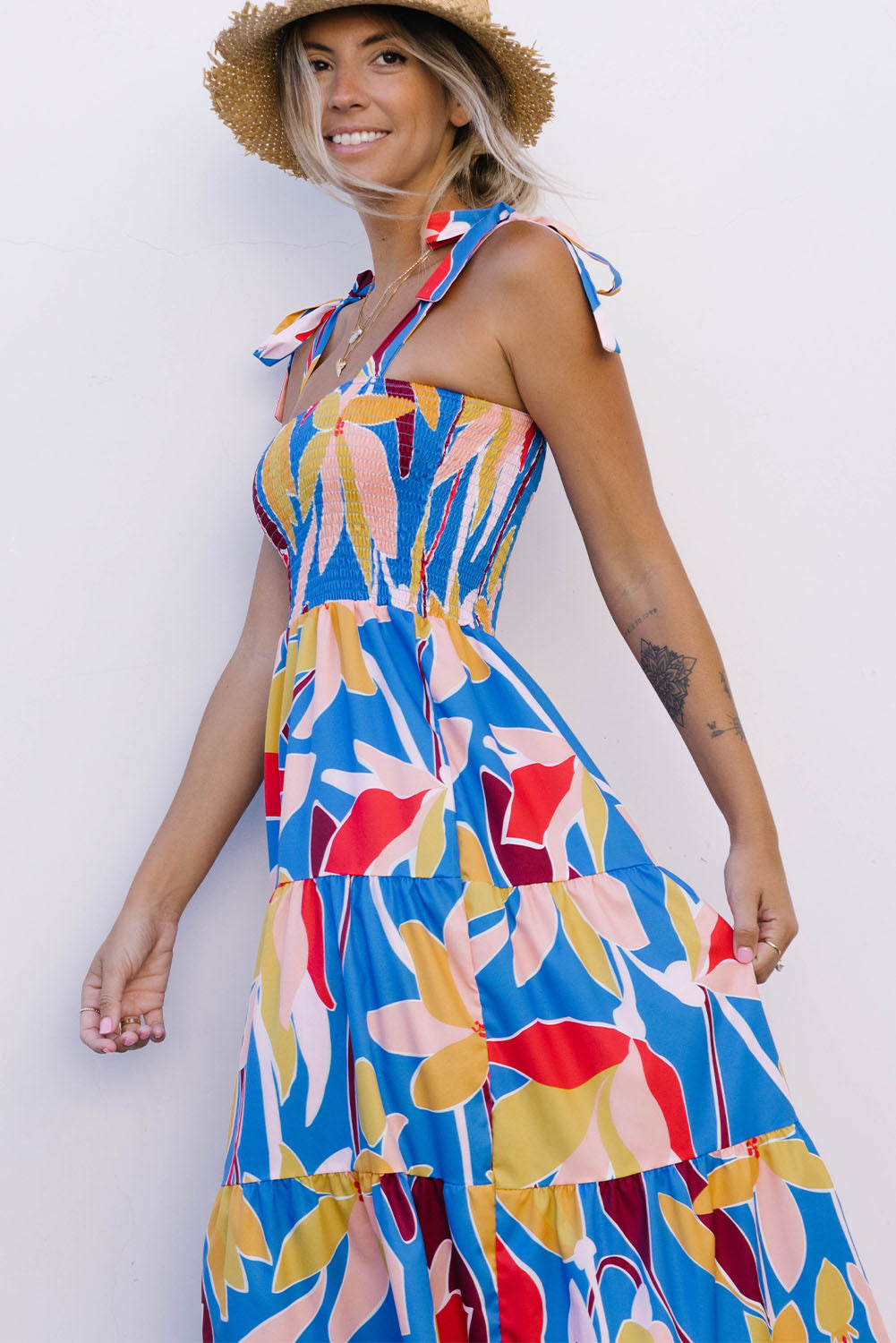 Orange Boho Print Tie Straps Smocked Maxi Dress