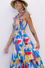 Orange Boho Print Tie Straps Smocked Maxi Dress