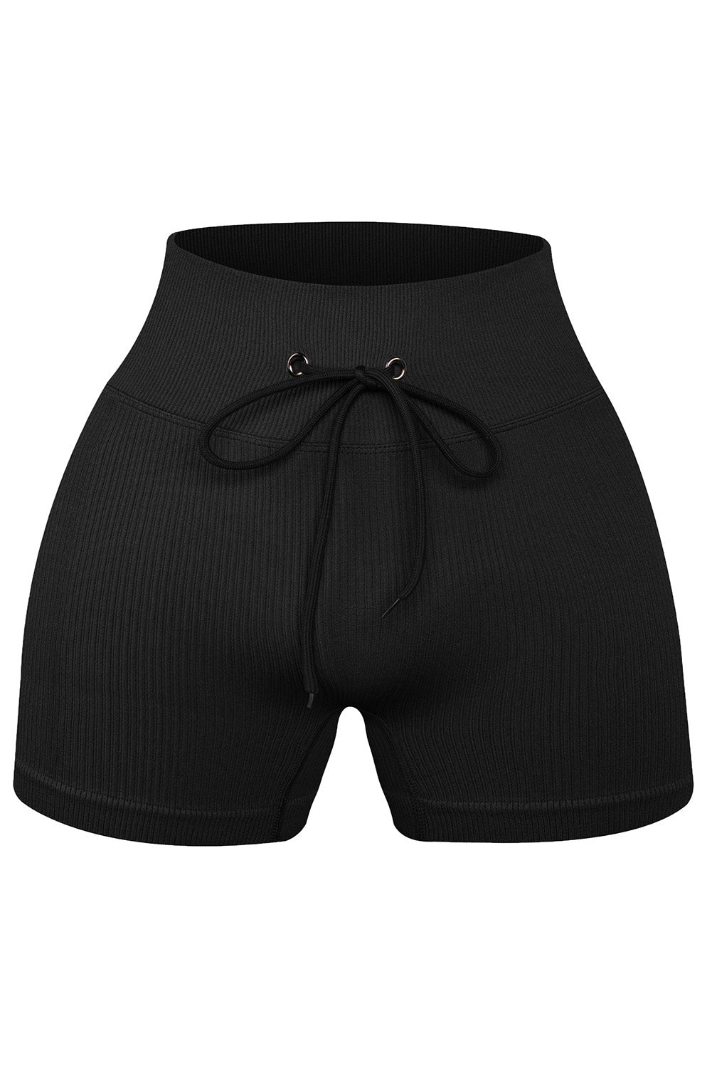 Black Solid Color Ribbed Drawstring Waist Yoga Shorts