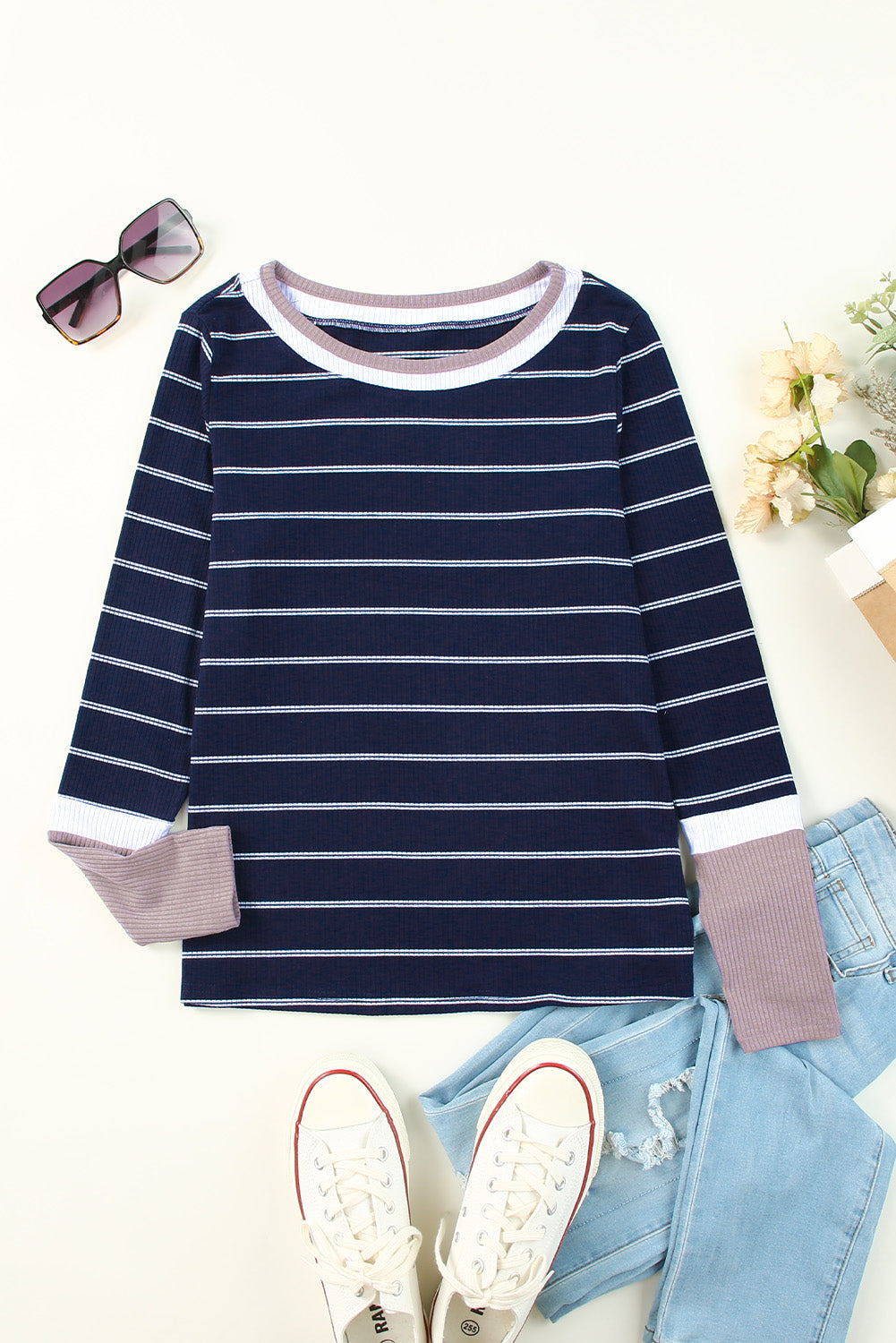 Blue Extend Color Block Cuffs Rib Knit Striped Pullover