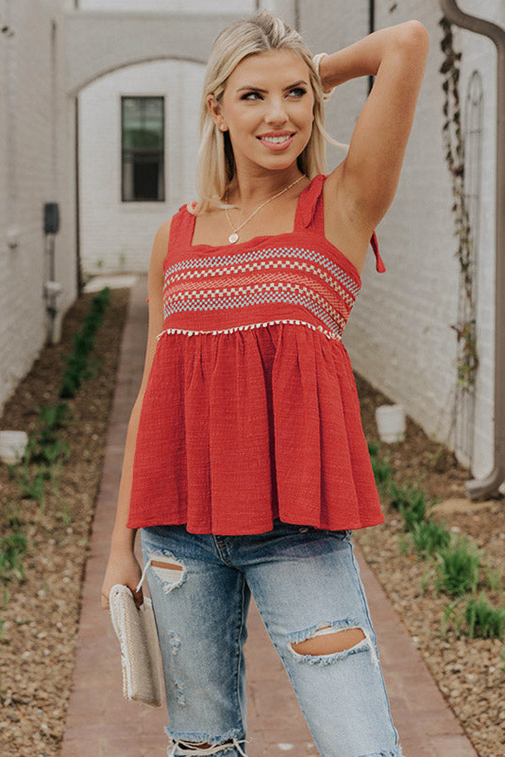 Red Embroidered Babydoll Tie Strap Tank Top