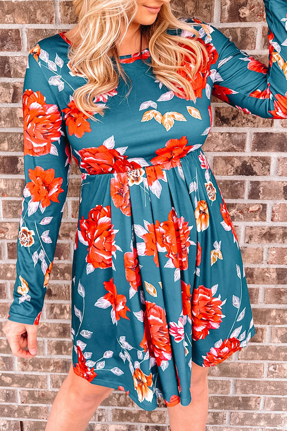 Blue Floral Pleated Long Sleeves Dress