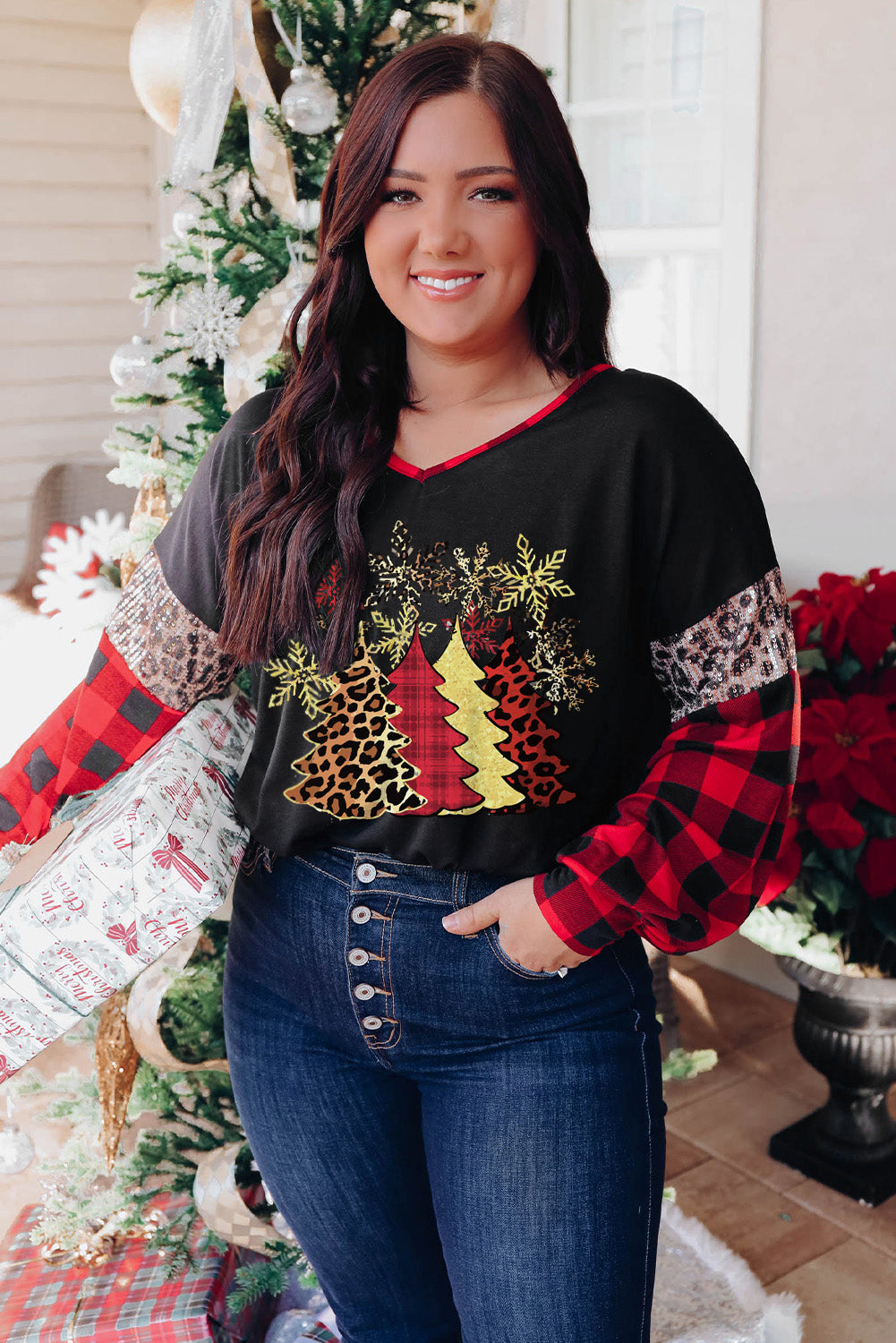 Black Sequined Leopard Insert Plaid Sleeve Plus Size Top