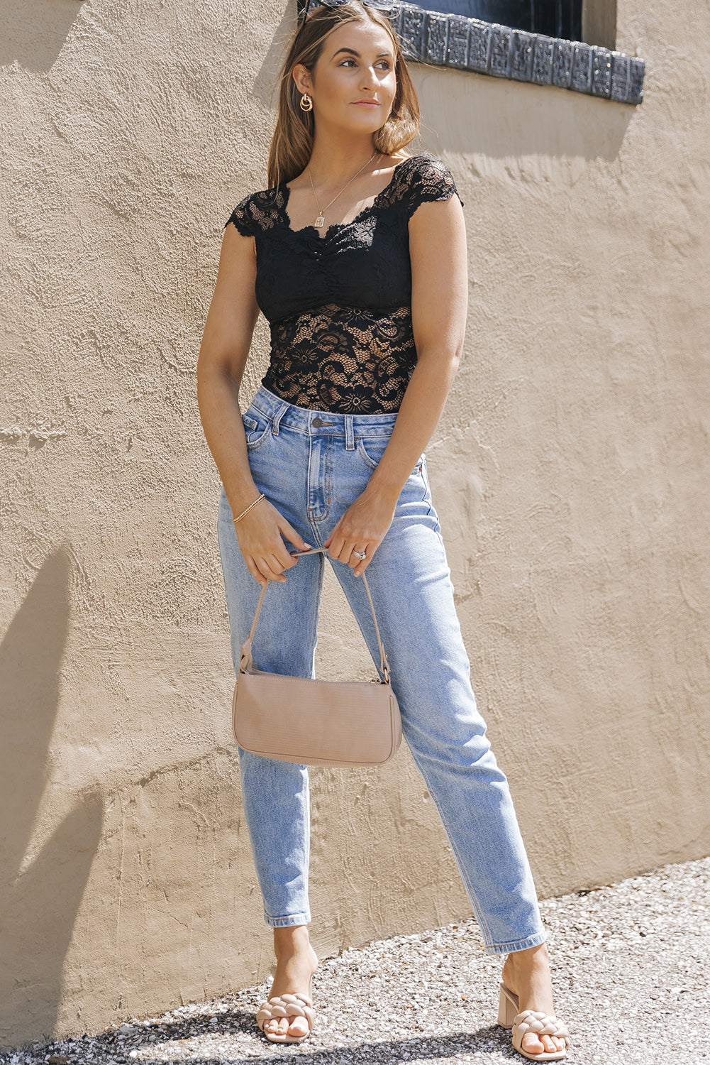 Black Floral Lace Scalloped Square Neck Bodysuit