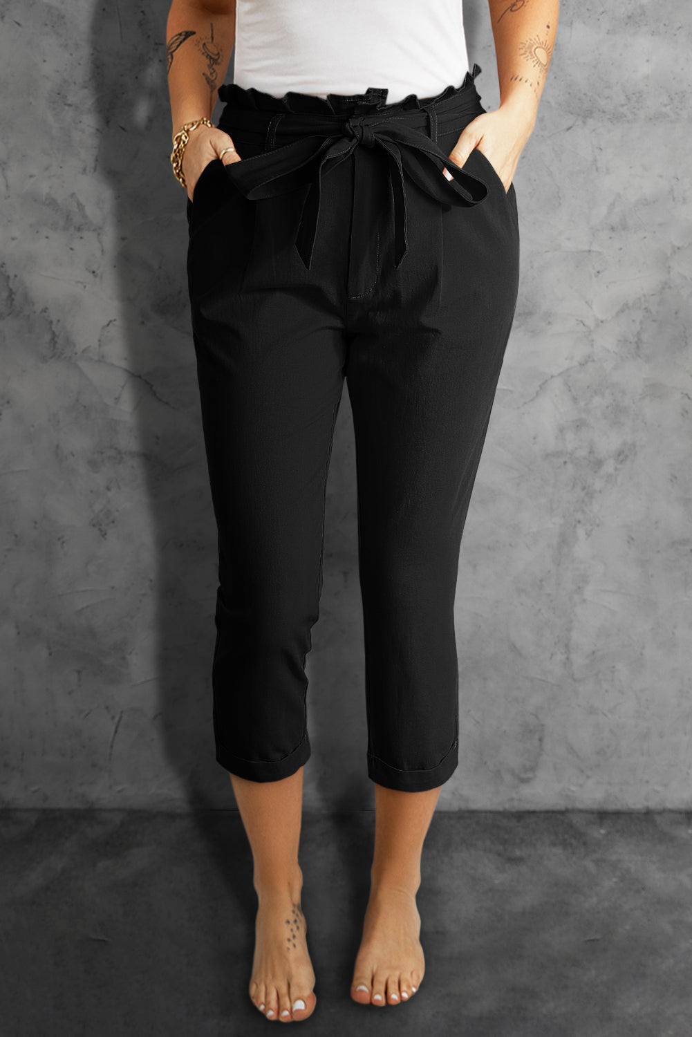 Black Paperbag Belt High Waist Straight Leg Pants