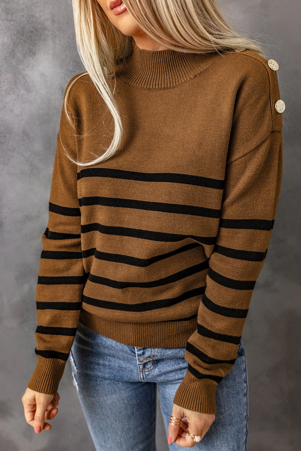 Khaki Striped Turtleneck Long Sleeve Sweater with Buttons