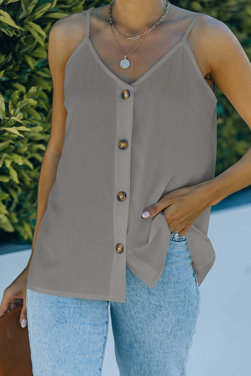 Gray Spaghetti Strap Buttoned Tank Top