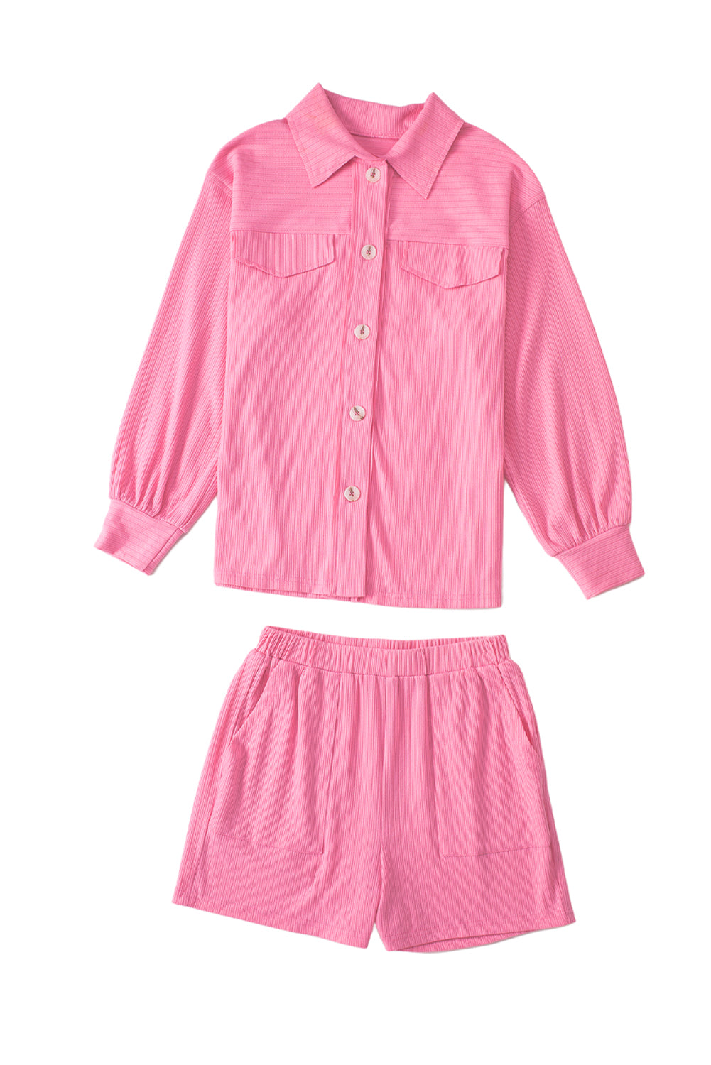 Pink Ribbed Knit Button Top and Shorts Set