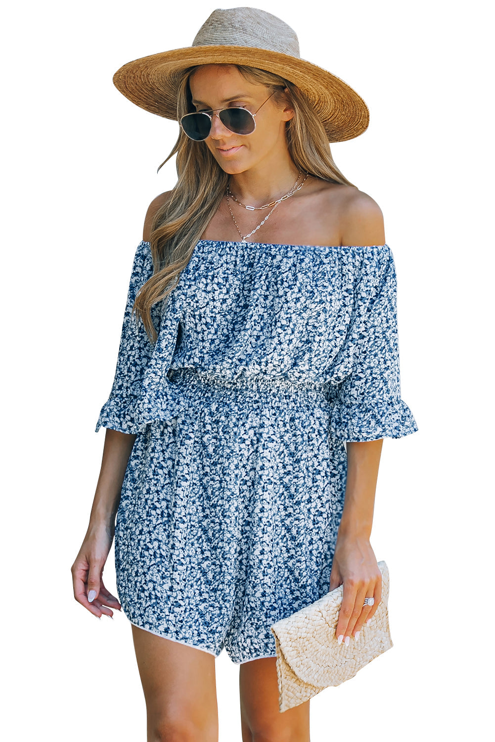 Blue Off Shoulder Bell Sleeves Floral Romper