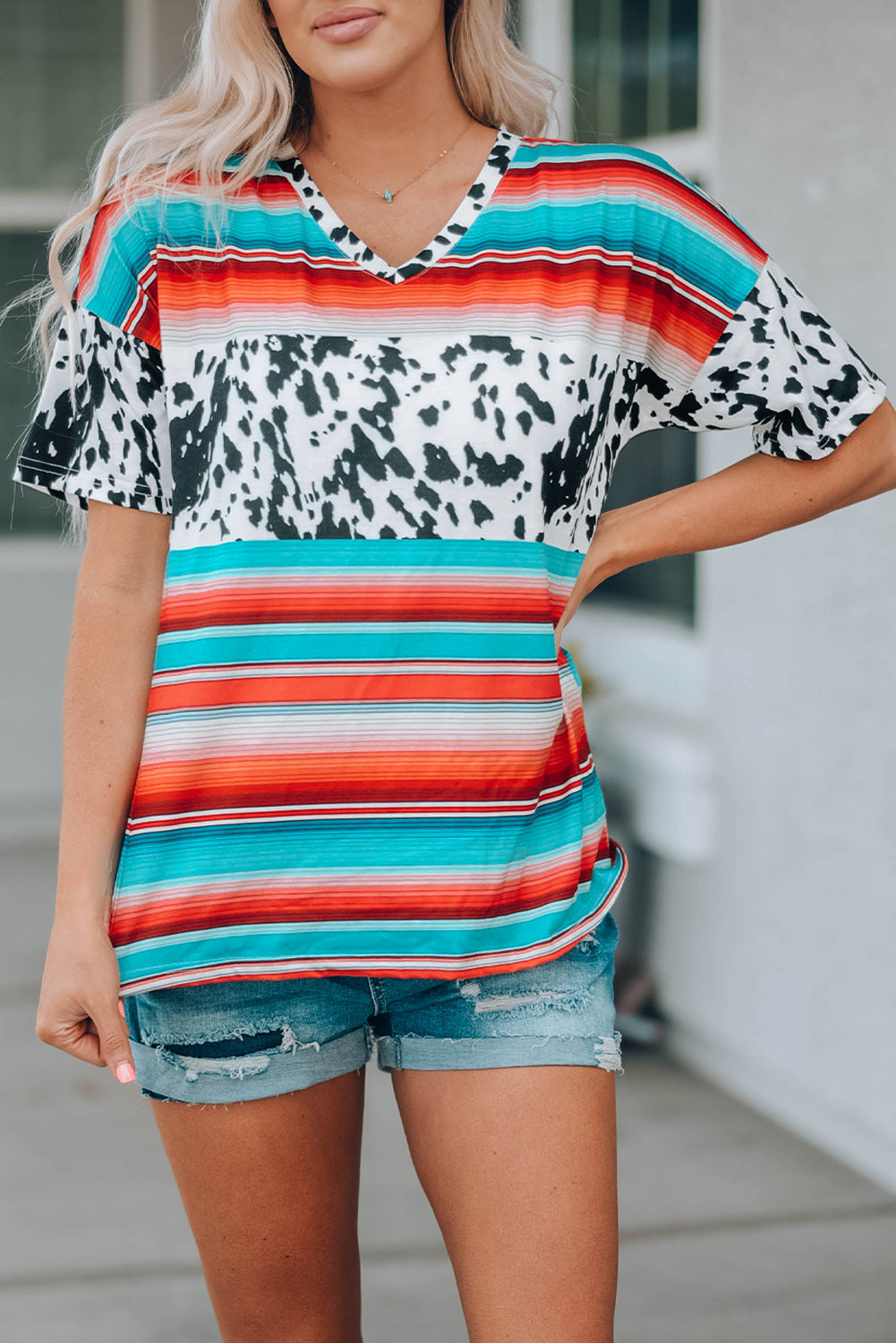 Western Serape Cow Color Block V Neck Top