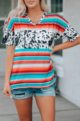 Western Serape Cow Color Block V Neck Top