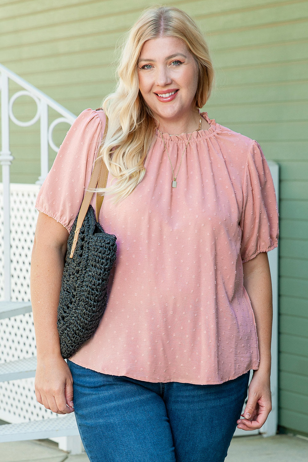 Pink Plus Size Swiss Dot Puff Sleeves Top