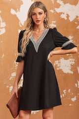 Black Lace Crochet Splicing V Neck Shift Dress