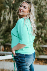 Green Plus Size Ruched Rib Drawstring V Neck Top