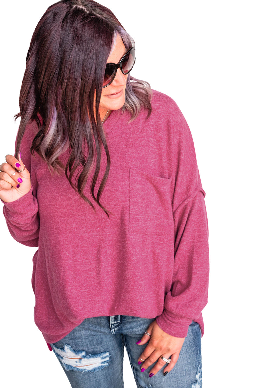 Rose Plus Size Chest Pocket Drop Shoulder Top