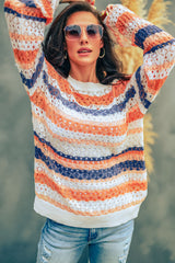 Multicolor Striped Loose Fit Hollow-out Knit Sweater