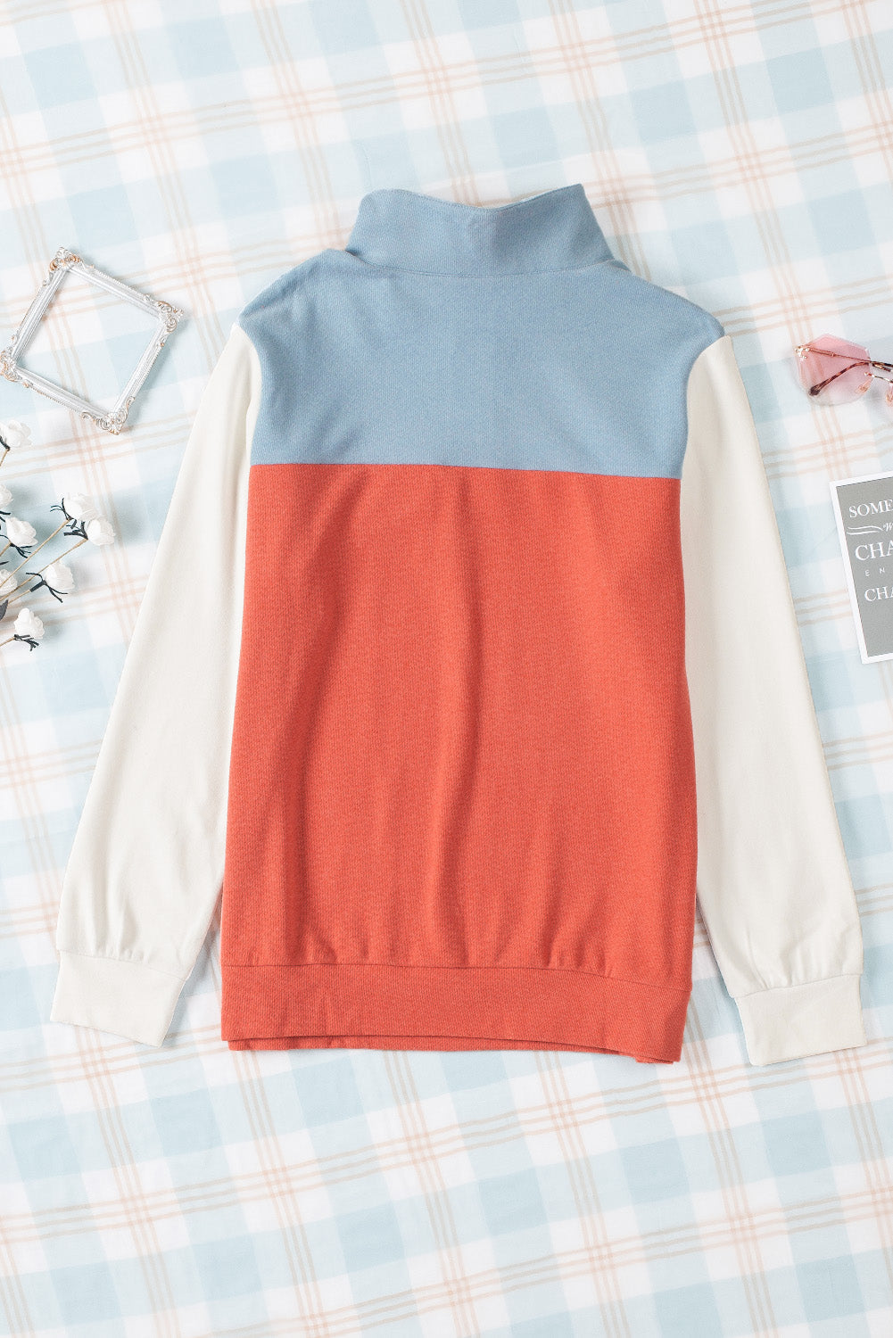 Orange Buttoned Color Block Long Sleeve Top