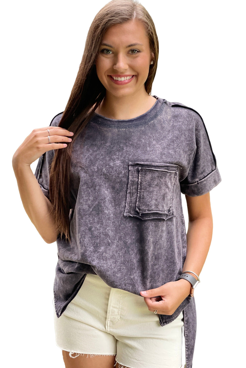 Gray Vintage Mineral Wash Pocketed Tee with Slits