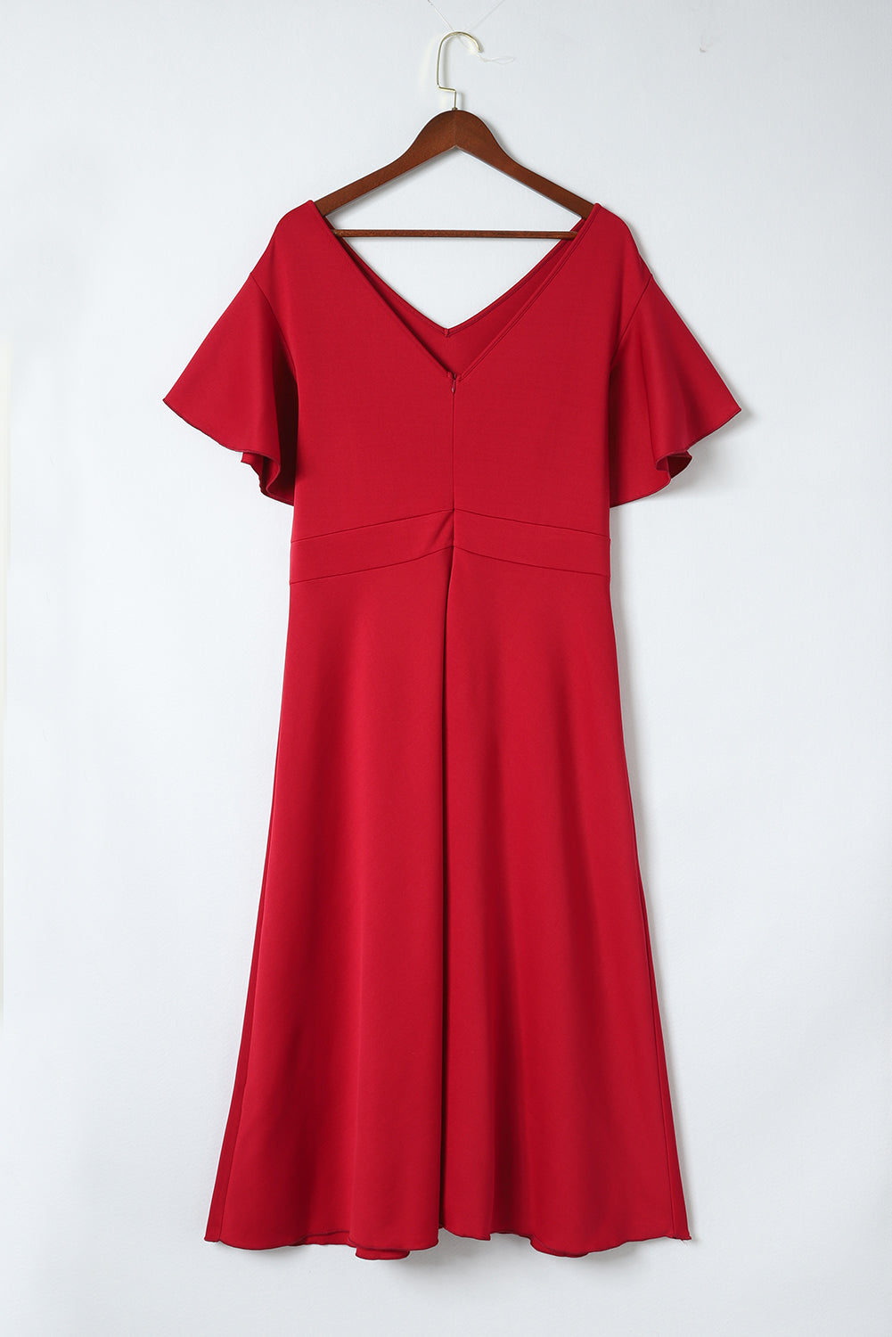 Red Plus Size Short Flutter Sleeve Midi Dress