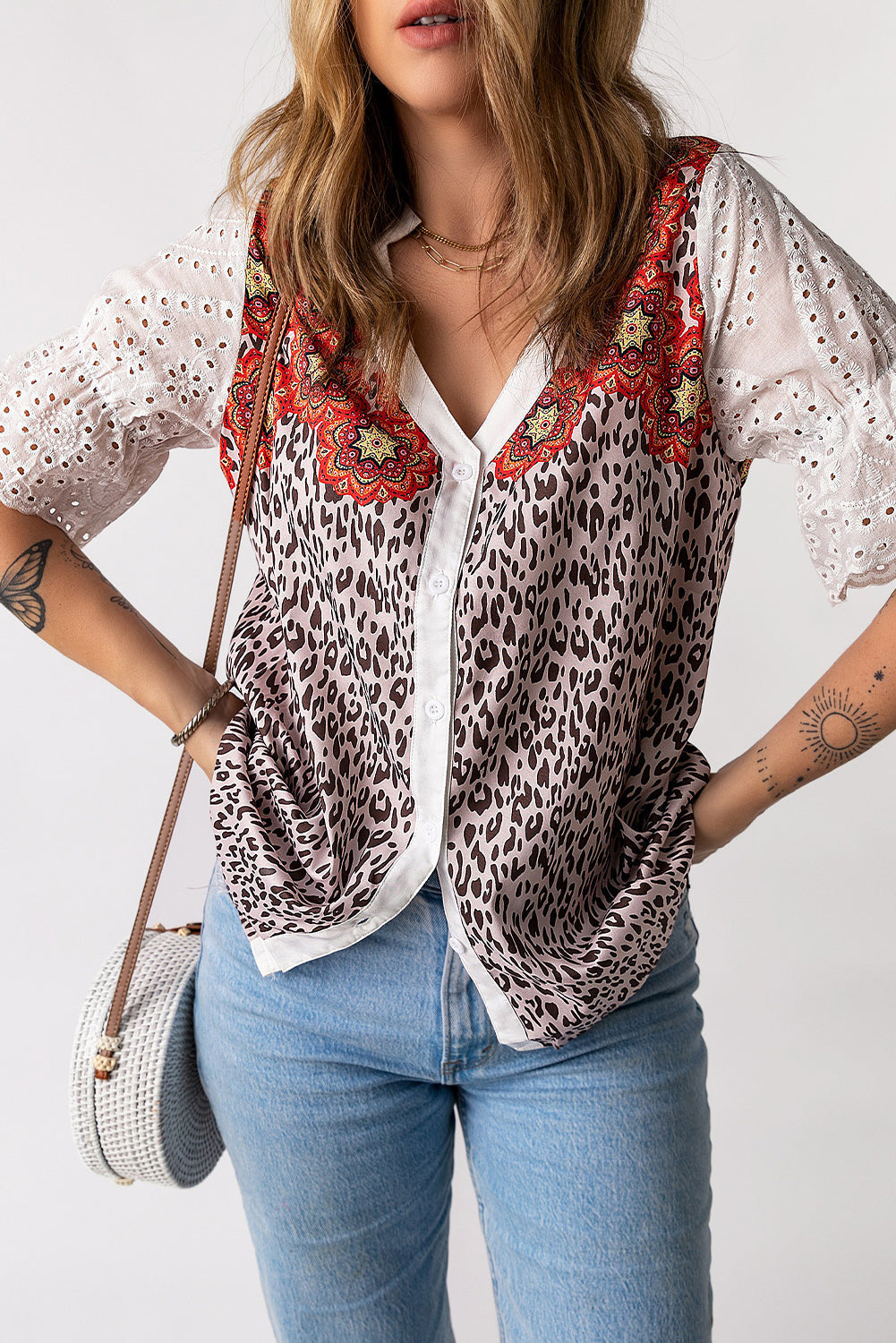 Leopard Mandala Hollow-out Sleeves T-shirt