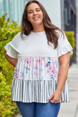 Black Plus Size Floral Stripe Color Block Babydoll Top