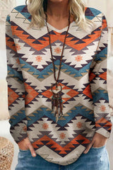 Multicolor Aztec Print V Neck Long Sleeve Top