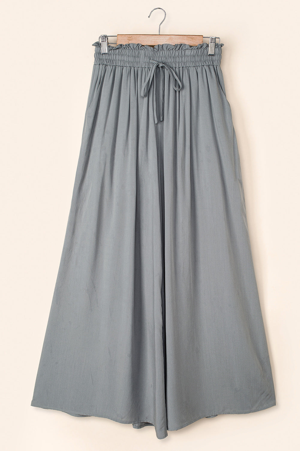 Beige Drawstring Smocked High Waist Wide Leg Pants