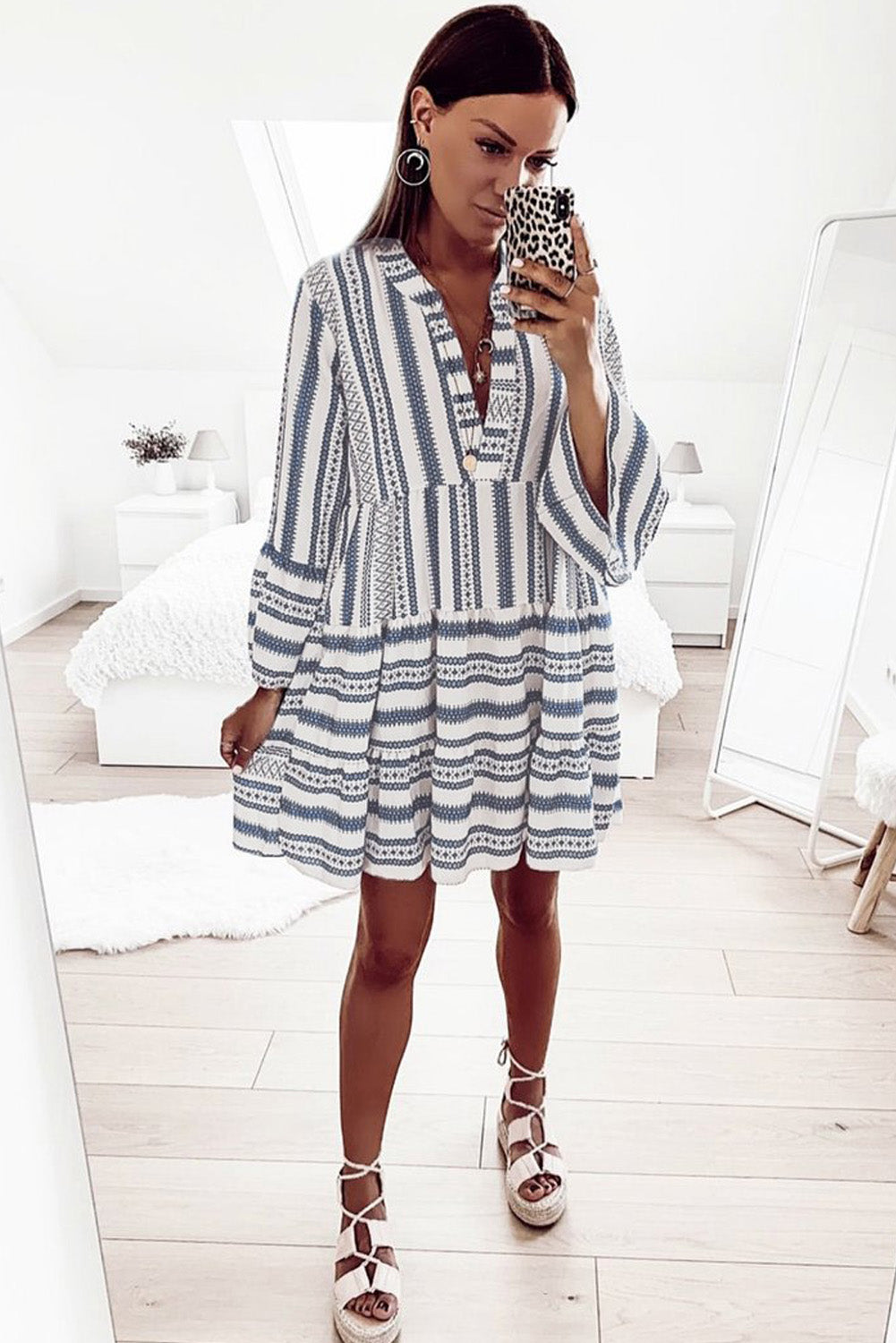 Blue Geometric Print V neck Flare Half Sleeve Ruffle Swing Mini Dress