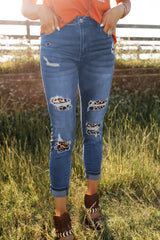 Leopard Patch Destroyed Skinny Blue Jeans