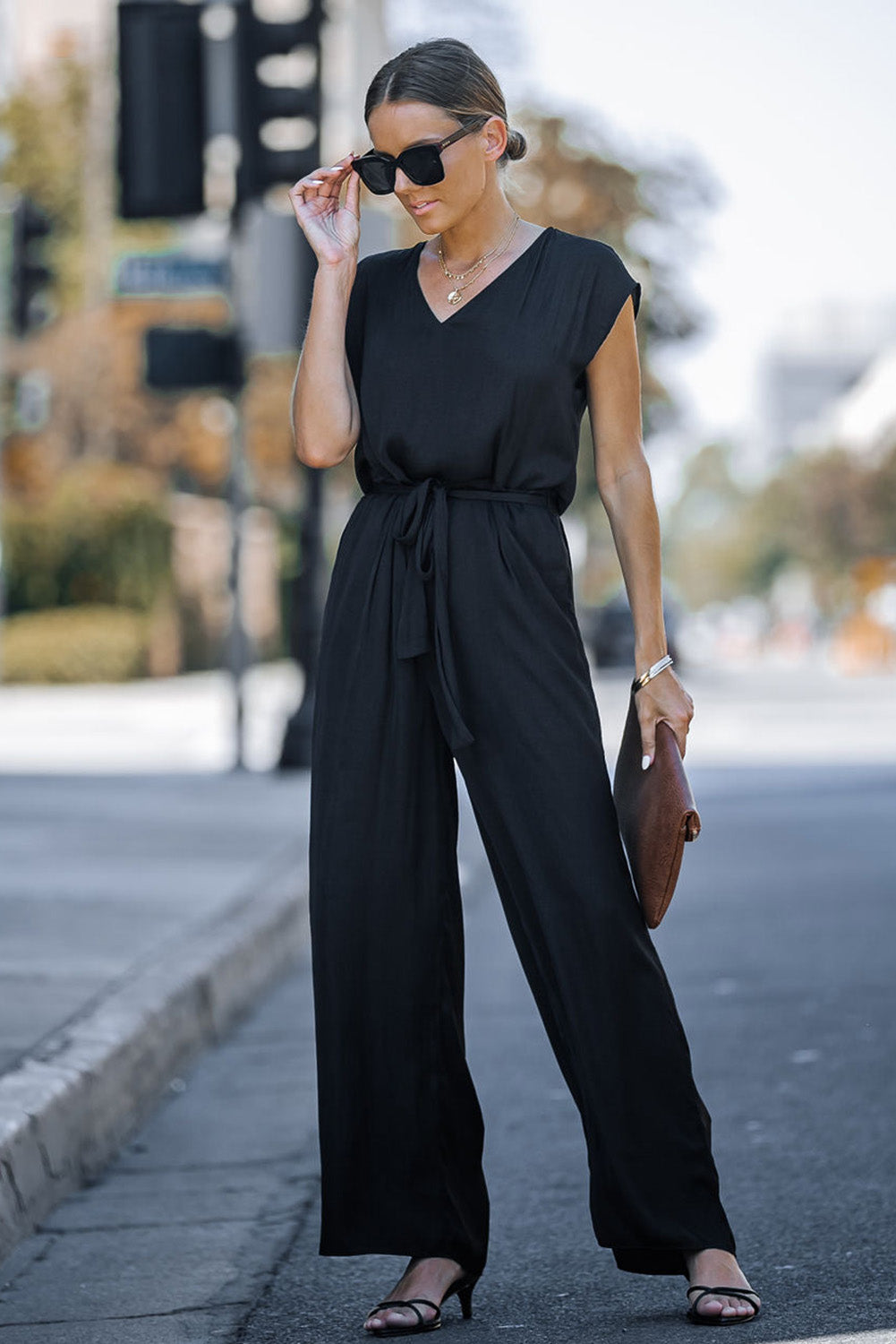 Black Sleeveless V Neck Belted Wide Leg Jumpsuit