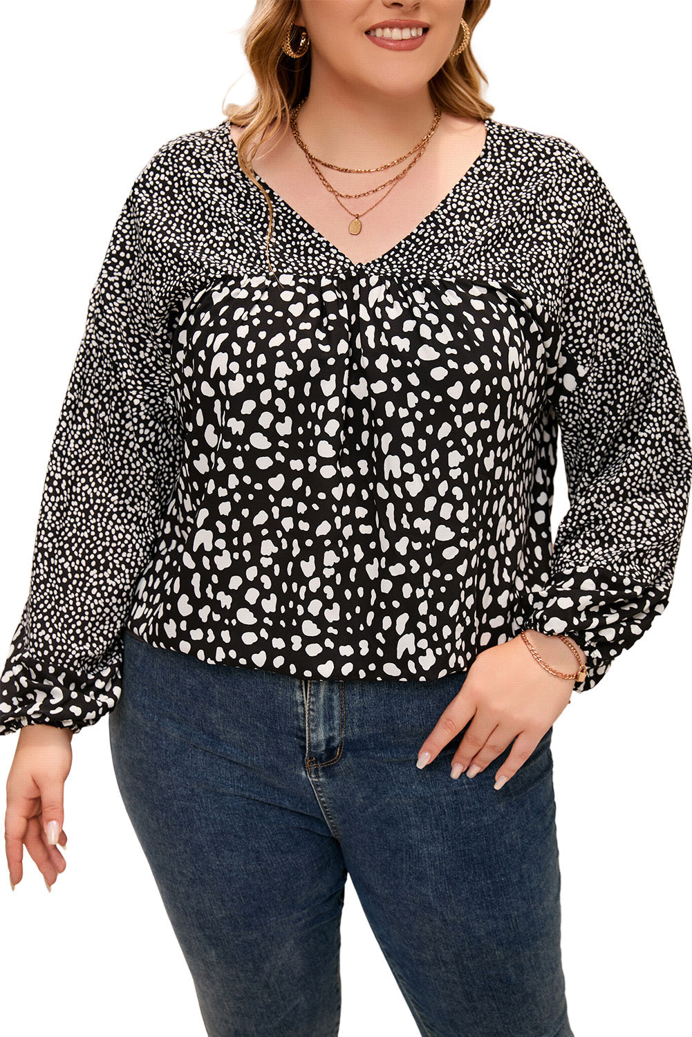 Black V Neck Cheetah Mixed Print Plus Size Blouse