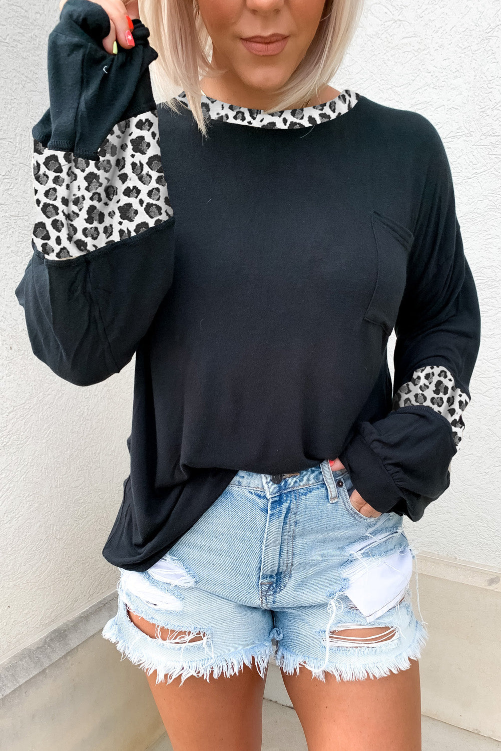 Black Leopard Print Balloon Sleeve Crew Neck Top