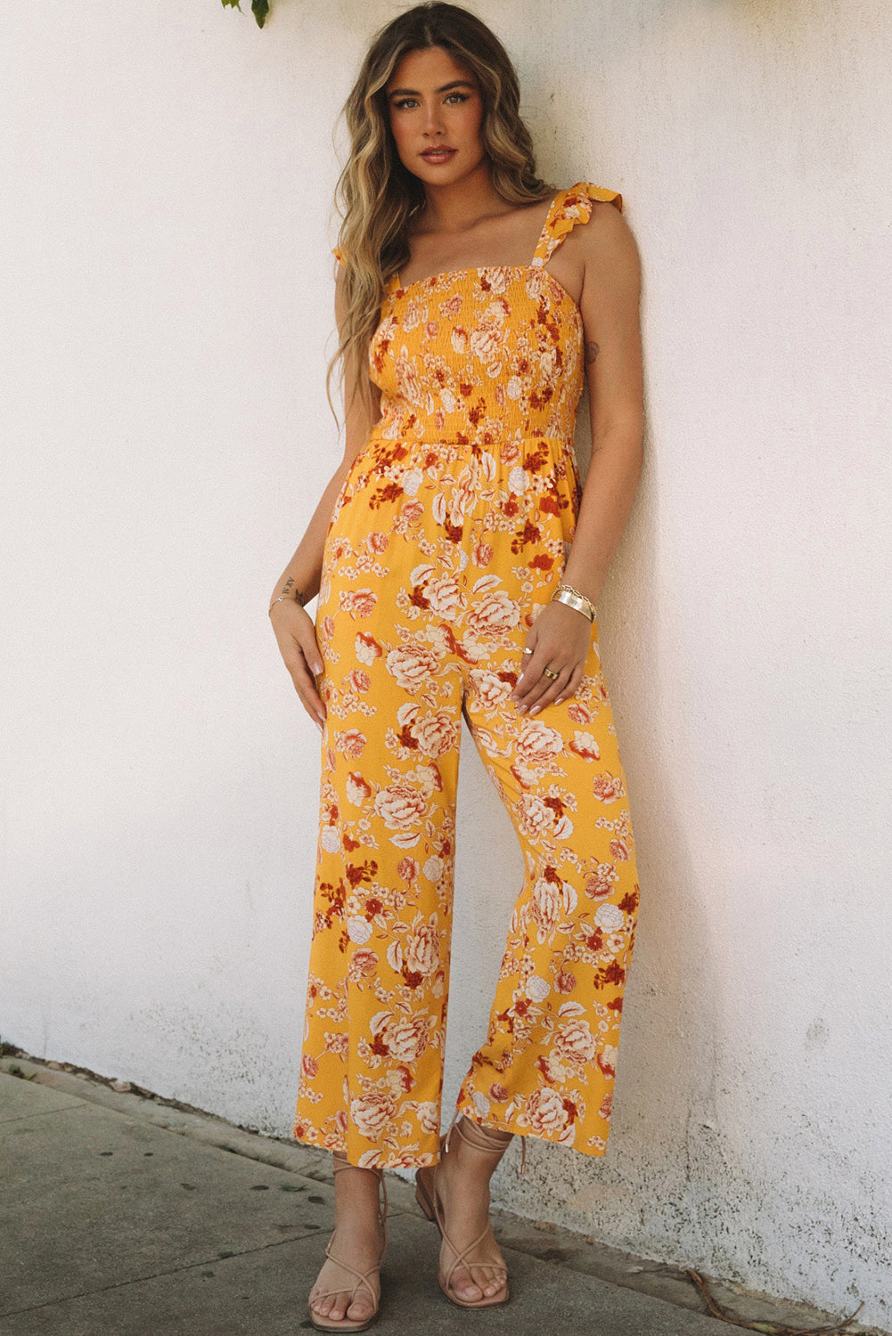 Yellow Floral Print Ruffle Shoulder Smocked Wide Leg Jumpsuit