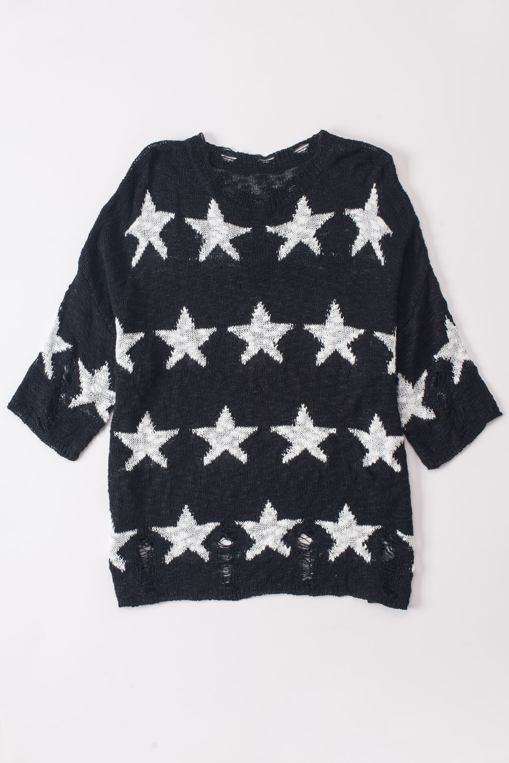 Black Star Print Half Sleeve Distressed Knit Top