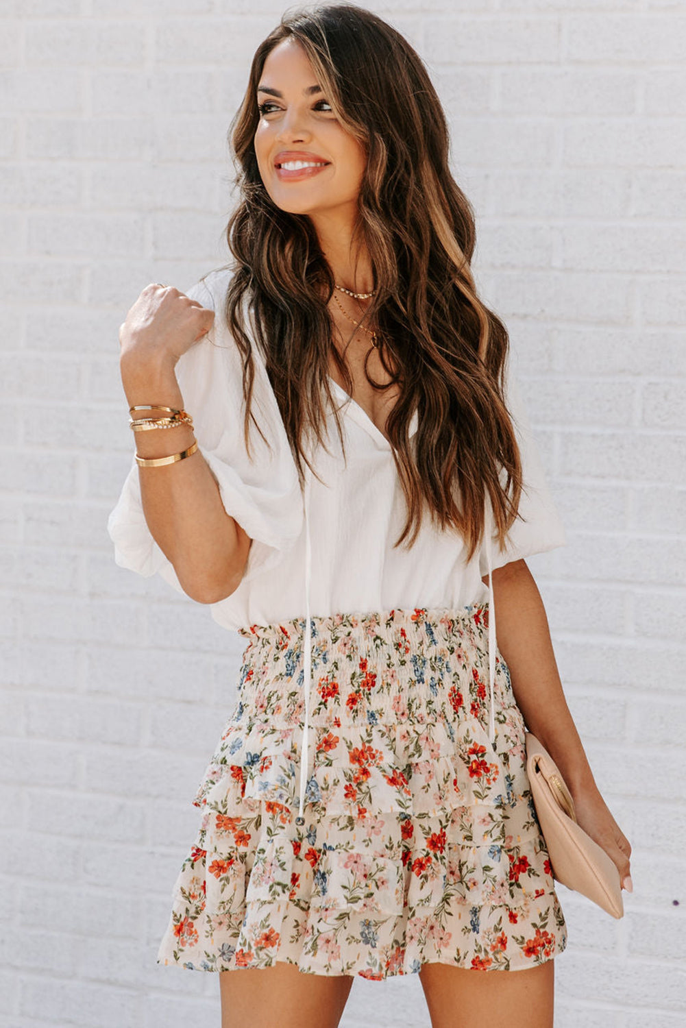 Beige Smocked High Waist Ruffle Tiered Floral Skirt