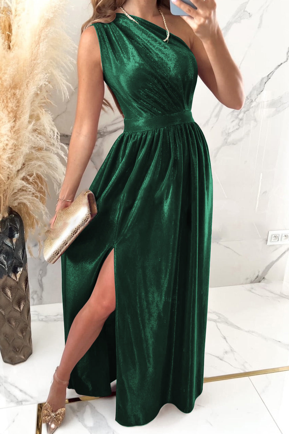 Black Shiny Velvet One Shoulder Long Split Dress