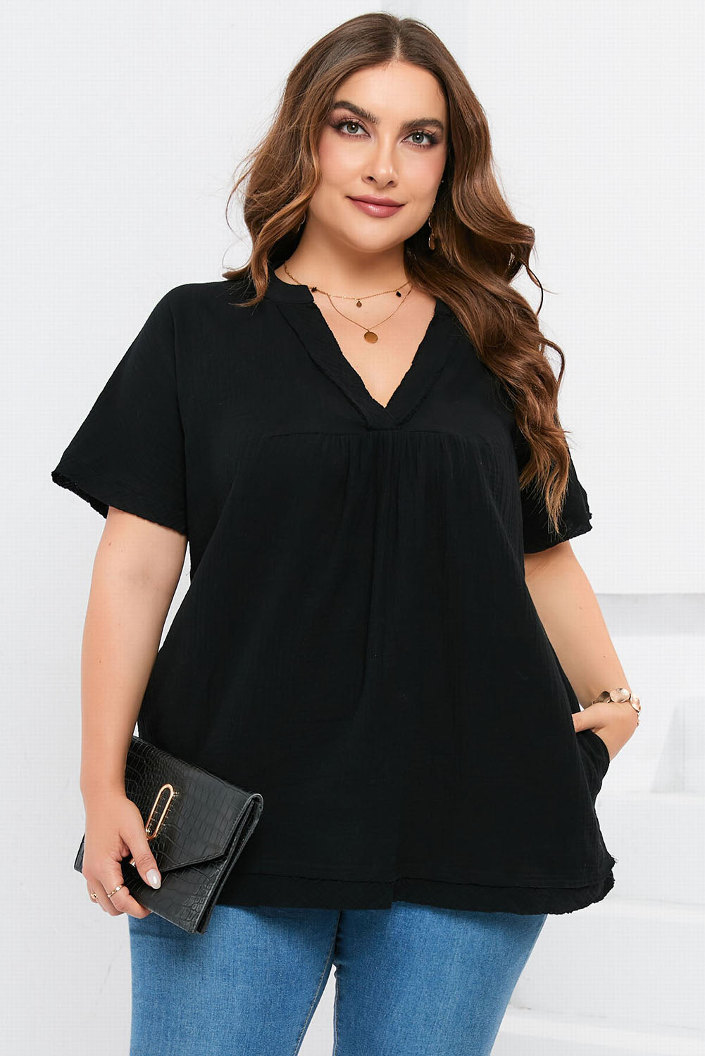 Black Plus Size Textured Short Sleeve Babydoll Blouse